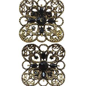 MUSI Gold Tone Black Stones Shoe Clips Vintage Retro Jewelry Set